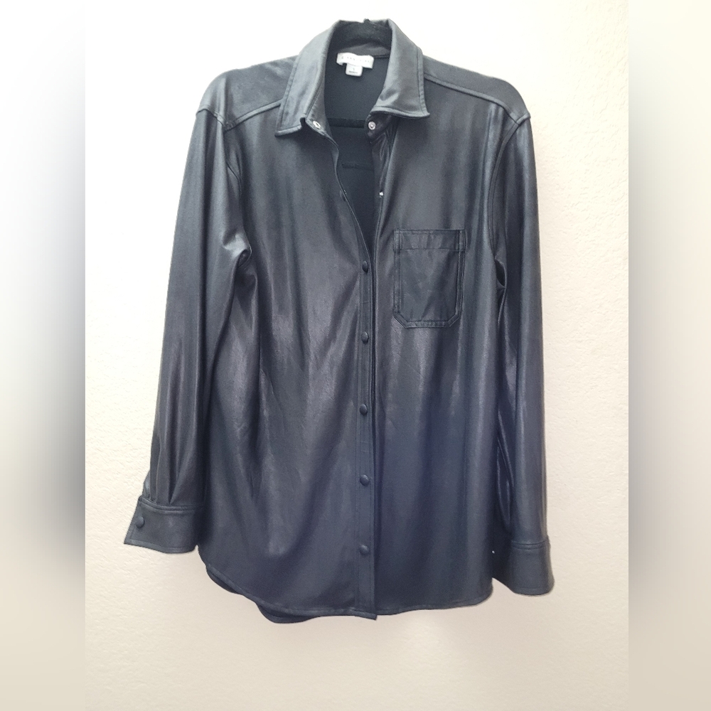 Gianni Bini Black Faux Leather Collared Button Down Top
